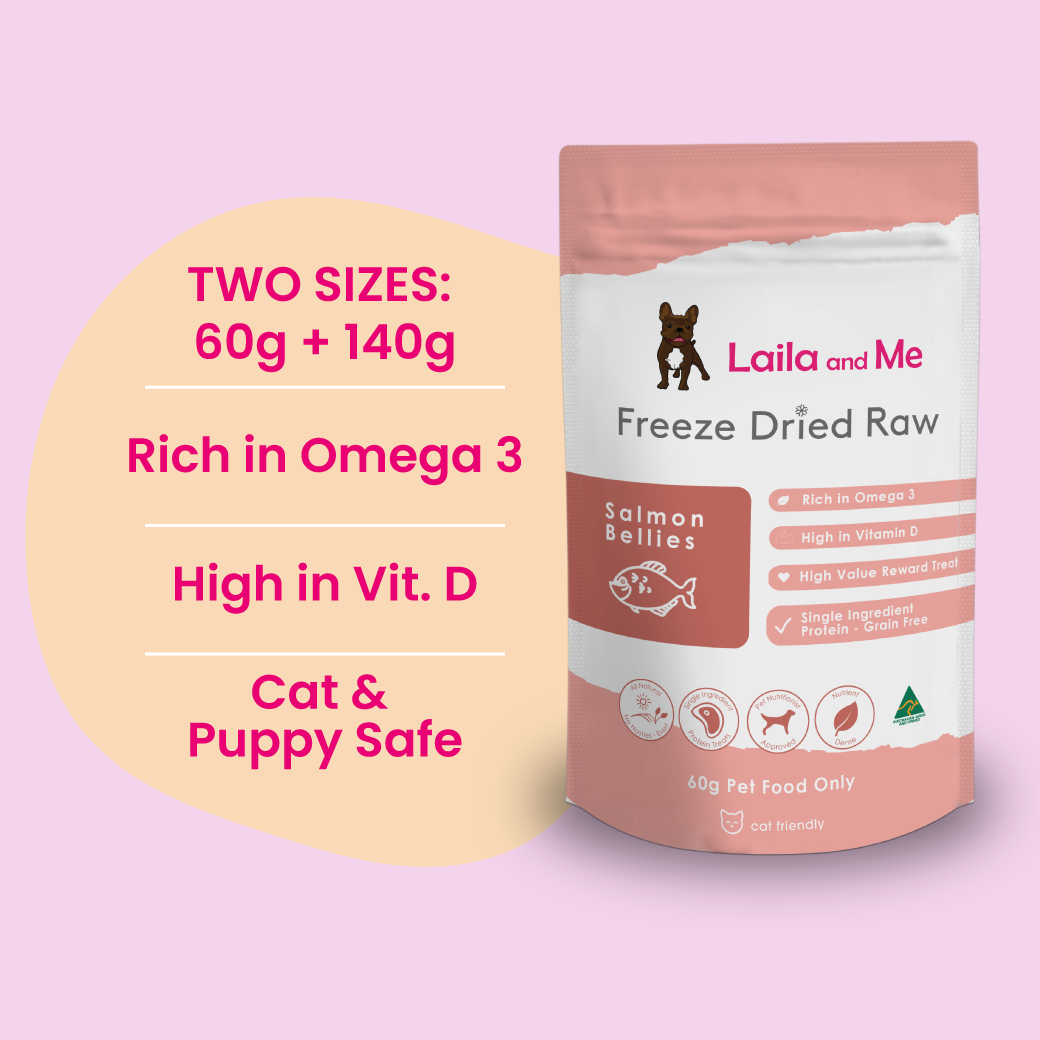 Laila and Me Healthy Fish Salmon Belly Dog Treats Freeze Dried Dog Treats High Value Affordable Training Dog Treats